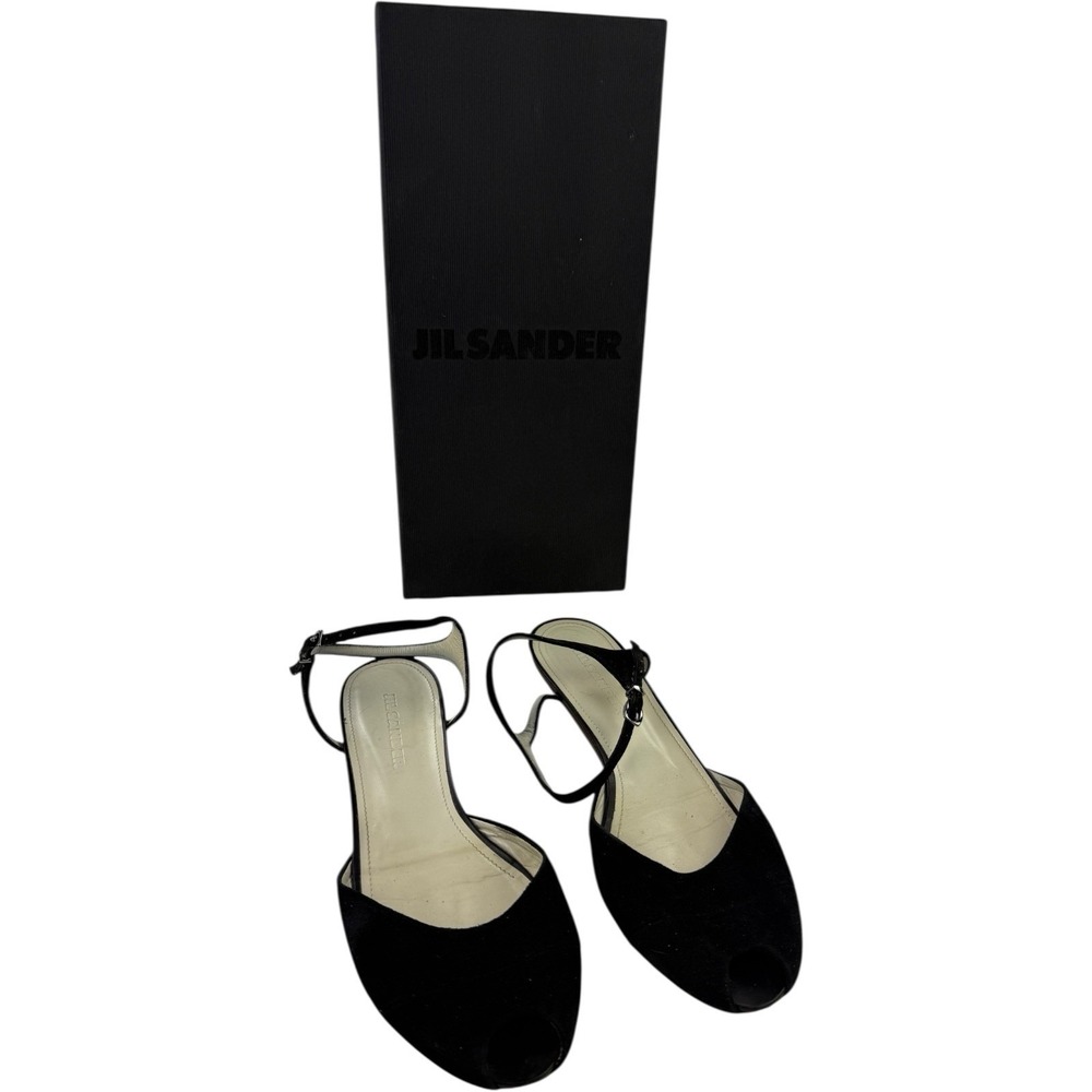 Jil Sander Black Suede Leather Flat Sandals Ankle Strap Women's 40 w/ Box